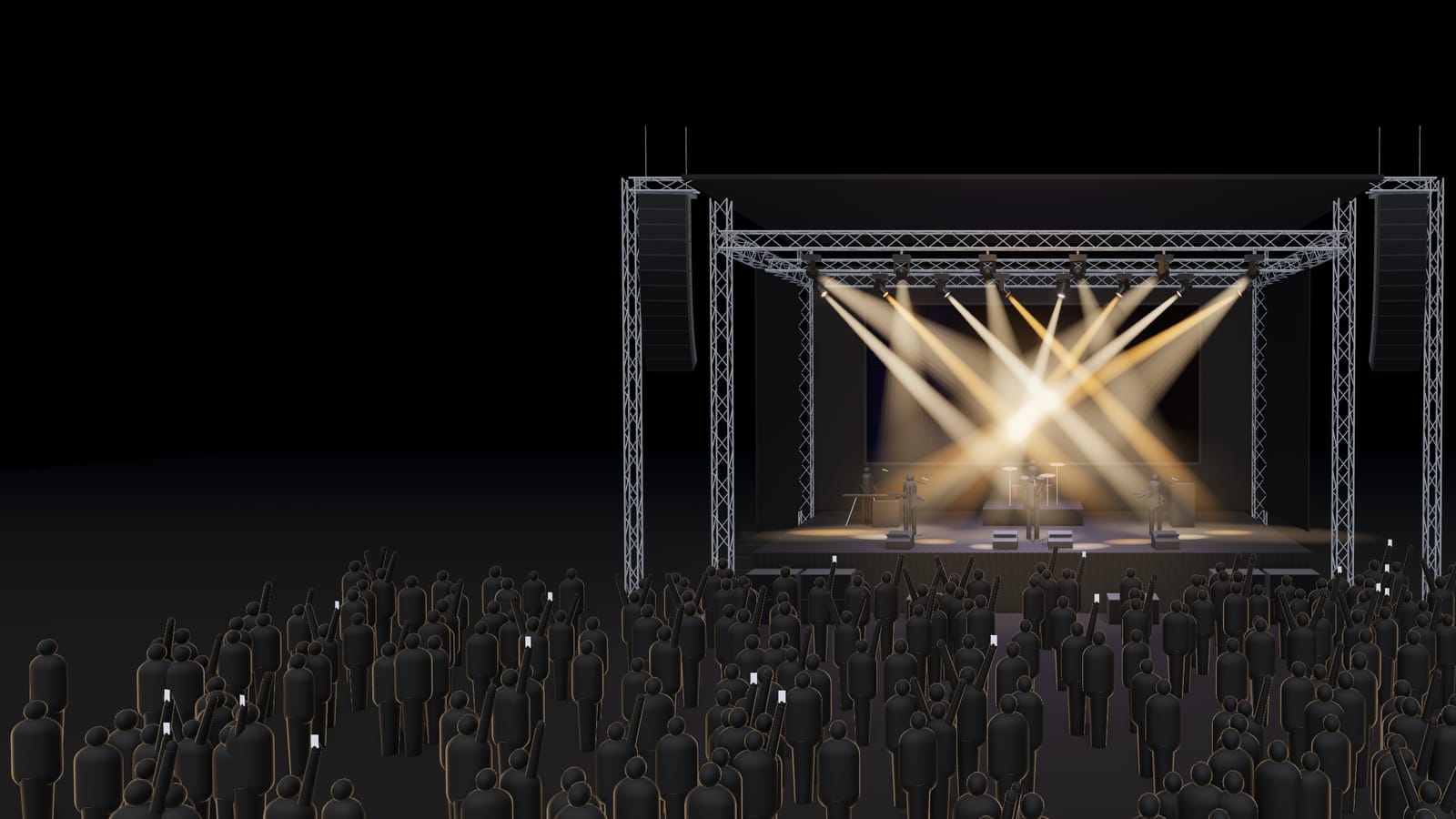3D prikaz koncertne pozornice: line array zvučnici, pokretna rasvjeta usmjerena na izvođače i LED zid.