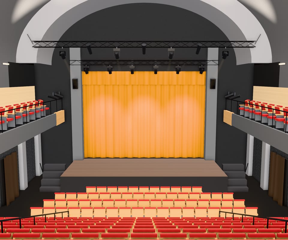 3D prikaz dvorane Doma kulture: bačvasti svod, lučni truss, bočne galerije, crvena sjedala i zlatni zastor.